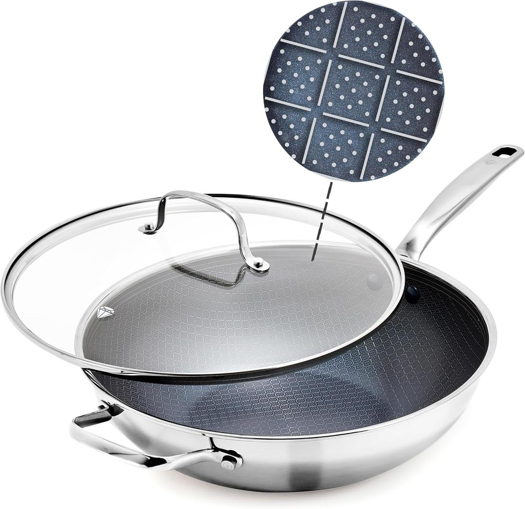 Blue Diamond Hybrid Nonstick Stainless Steel 12 Wok with Lid, PFAS-Free Ceramic Diamond Bond Stir-Fry Pan, Induction Ready, Dishwasher & Oven Safe, Metal Utensil Safe, Stay-Cool Handle, Silver