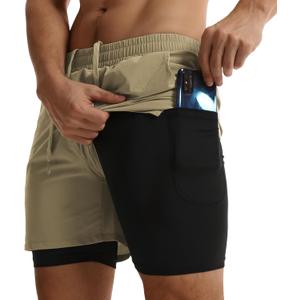 ATTBEA Men's 2 in 1 Running Shorts with Liner 5" Quick Dry Workout Gym Sports Shorts with Pockets (Large, Khaki)
