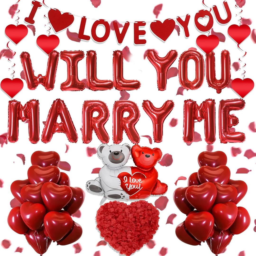 Will You Marry Me Balloons - 546 Pcs Red Letters Foil Balloon With Heart-Shaped I Love You Proposal Banner Rose Petals For Romatic Engagement Wedding Valentine's Day Confession Decorations