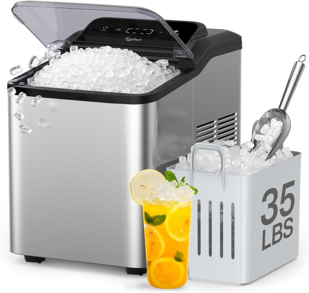 Typhur Fast Nugget Ice Maker Countertop with Self-Cleaning Pump, 35lbs/24H Crushed Pebble Ice Machine with Pellet Ice, 8 Packs Cleaner, Dual Ice Scoops for Home, Kitchen, Party, RV, Stainless Steel (Piano Black)