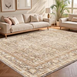 OPPODREAM Vintage Beige Area Rugs 10x14, 10 x 14 Retro Washable Rug Non Slip, Low-Pile Faux Wool Carpet, Soft Distressed Tan Floor Mat for Living Room, Bedroom, Office, Dorm, Dinning Room, Big & Large