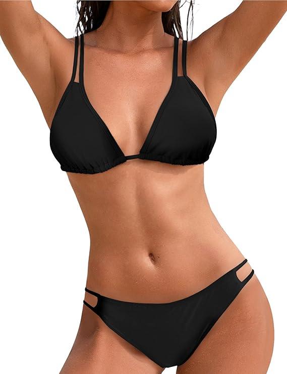 Sexy Two Piece Bikini Set Adjustable Straps Knot Back Bikini Set for Women Fashion Double Strap Triangle Swimwear, Small