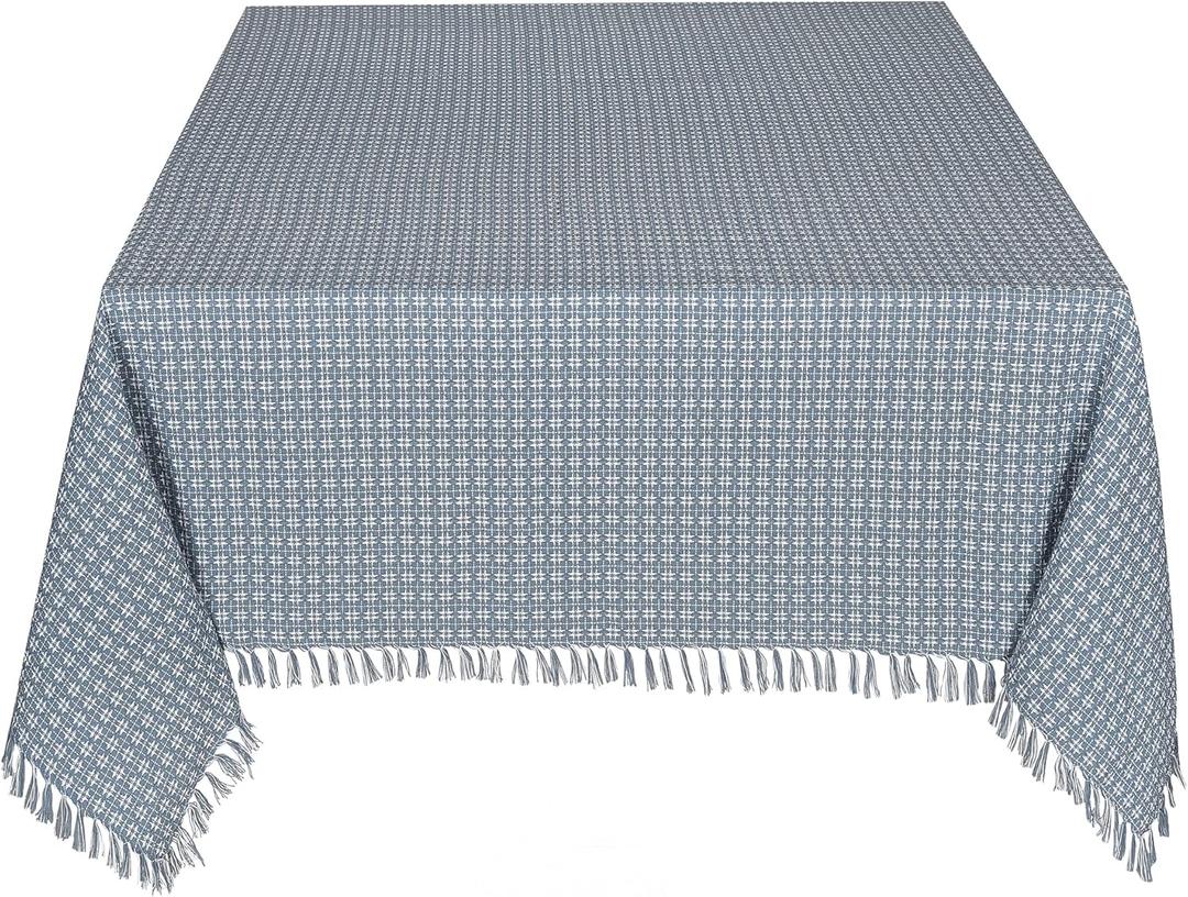 Table Cloth, Wedgewood Blue/White Woven Fringed, 100% Cotton Table Cover, Size 60x84 Inch, Suitable for Formal Dining, Everyday Meals and Casual Occasions.