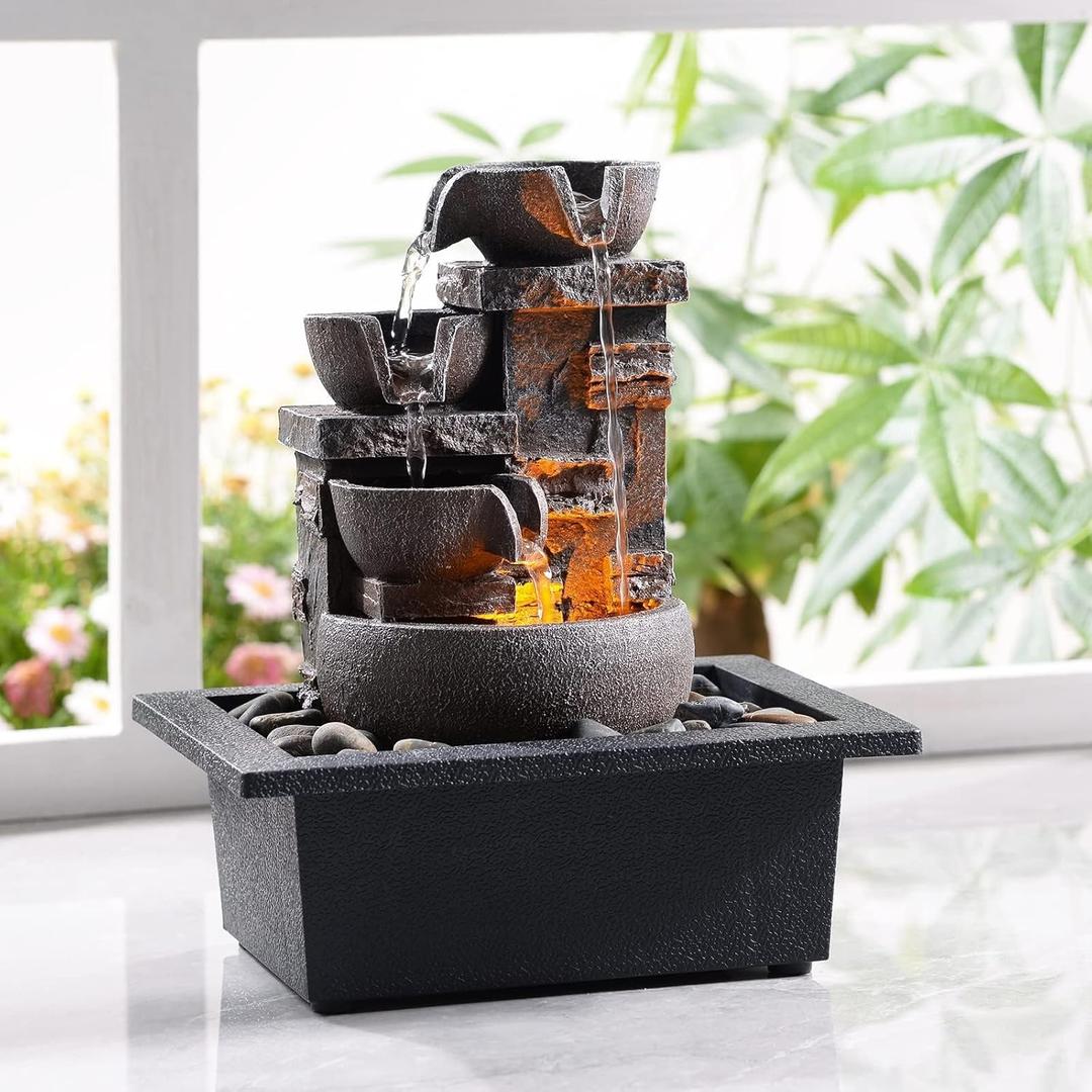 Kalona Dcor Desktop Fountain - 10" 4-Tier Design with Imitation Stone, Indoor Waterfall Tabletop River Rocks & Resin Material for Serene Meditation & Relaxation - Ideal for Home & Office Decor