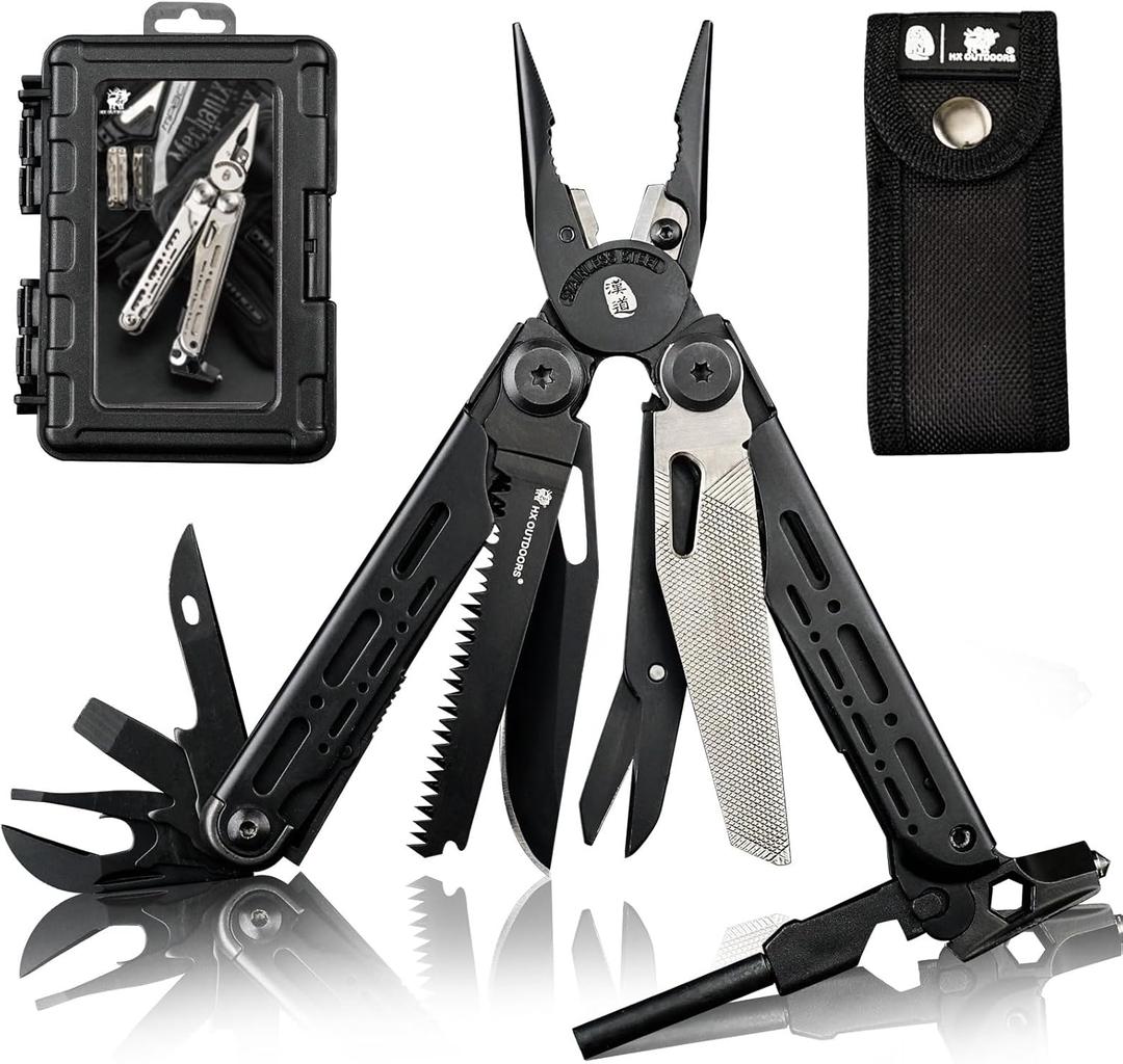 HX OUTDOORS 19 In 1 Pocket Multi Tool, Stainless Steel Multitools Pliers with Fire Starter and Glass Breaker, Folding EDC Camping Survival Tools for Men (Black)
