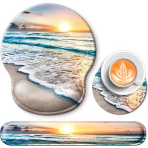 Mouse Pad and Keyboard Wrist Rest Support, with Non-Slip PU Base, Gel Mouse Pad with Coaster, Pain Relief for Gaming, Computer, Office -Beach
