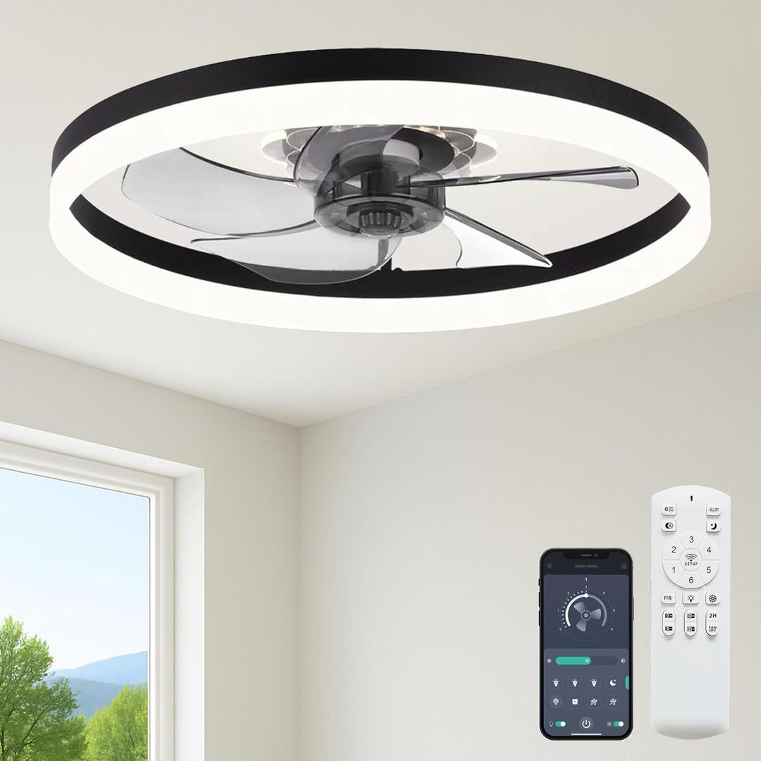 Fszdorj 24'' Low Profile Ceiling Fan with Light and Remote, Fandelier Black