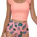 Eomenie Tankini Swimsuits for Women Ruched Tummy Control Bathing Suit Two Piece Swim Tank Top with High Waisted Bottom (Large, Coral)