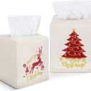 Domensi 2 Pcs Christmas Linen Tissue Box Cover 5.5 x 4.75 x 4.75 Inches Christmas Tree and Elk Tissue Box Holder Holiday Square Home Decor Xmas Embroidered Gifts for Bathroom Bedroom Living Room