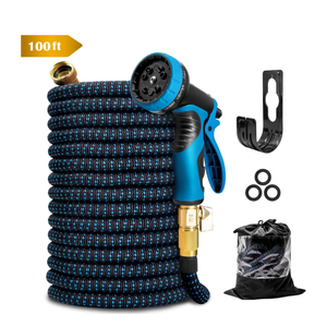 Kotto 100 ft Flexible Garden Hose, Water Hose for Outside with 10 Spray Nozzles, Brass Connector, Leak-Proof, Blue