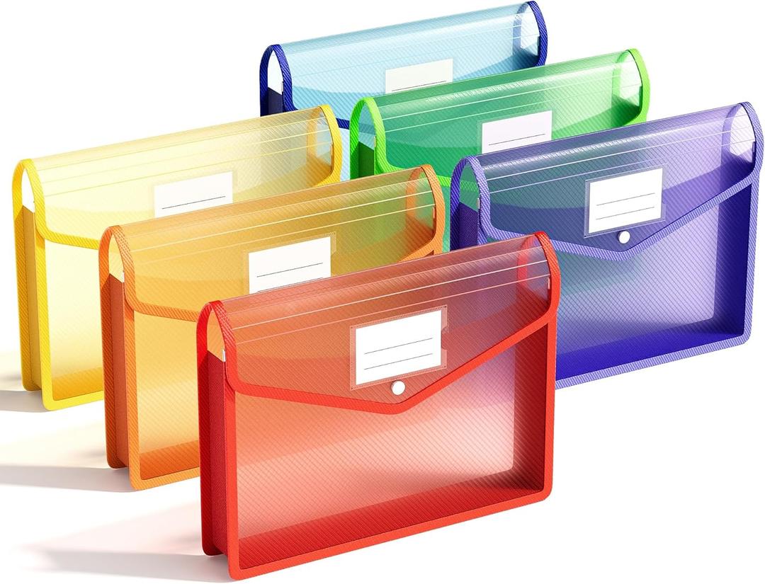 ABC life 6-Pack Plastic Expanding File Folder, Folders for Documents with Snap Closure, Colorful File Folder Organizer Holder, Transparent, Large Capacity, Fit Letter/A4 Size - Rainbow