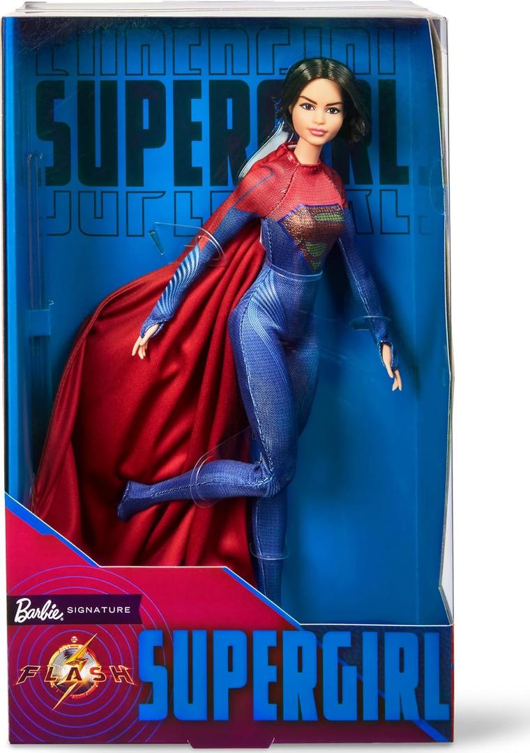 8 x Barbie Supergirl Collectible Fashion Doll from The Flash Movie Wearing Red & Blue Suit with Cape, Display Stand Included