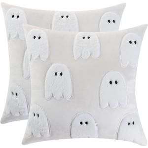 LUOYEHK Halloween Throw Pillow Covers 18x18 Set of 2 White Ghosts Embroidered Pillow Cases Holiday Velvet Cushion Covers for Couch Sofa Bed