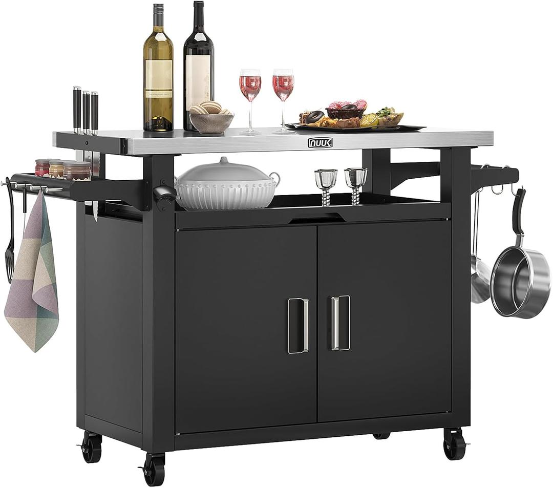 NUUK Outdoor Grill Cart with Storage Cabinet Metal Kitchen Island Prep Table with Movable Universal Wheels and Stainless Steel Top for Outside BBQ Backyard Include Hooks Spice Rack (42"x 20")