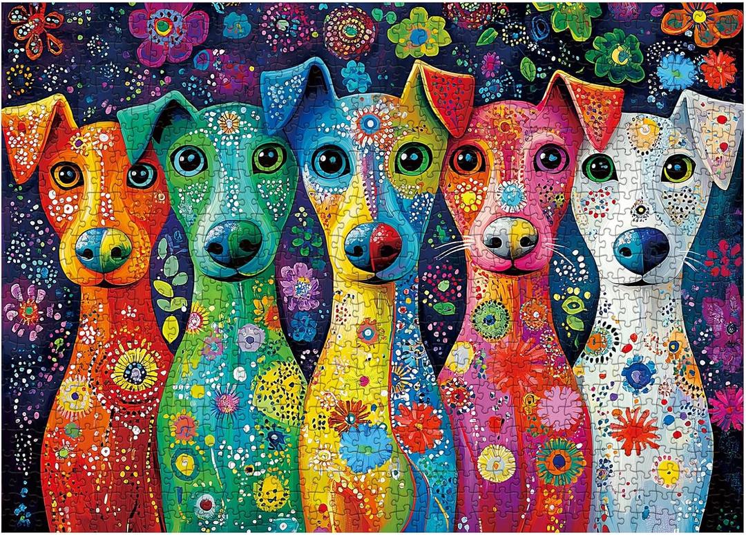 Colorful Dog Painting Jigsaw Puzzle 1000 Piece for Adult, Art Puppy Beautiful Flower Jigsaw Puzzles, Funny Animal Aesthetic Puzzle