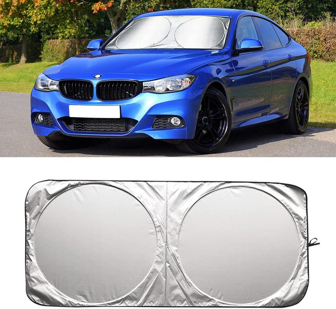 Foldable Windshield Sun Shade, Bonus Steering Wheel Sun Shield to Block UV Rays Keep Your Vehicle Cooler, Easy to Use Car Interior Accessories (59.2"x27.2")