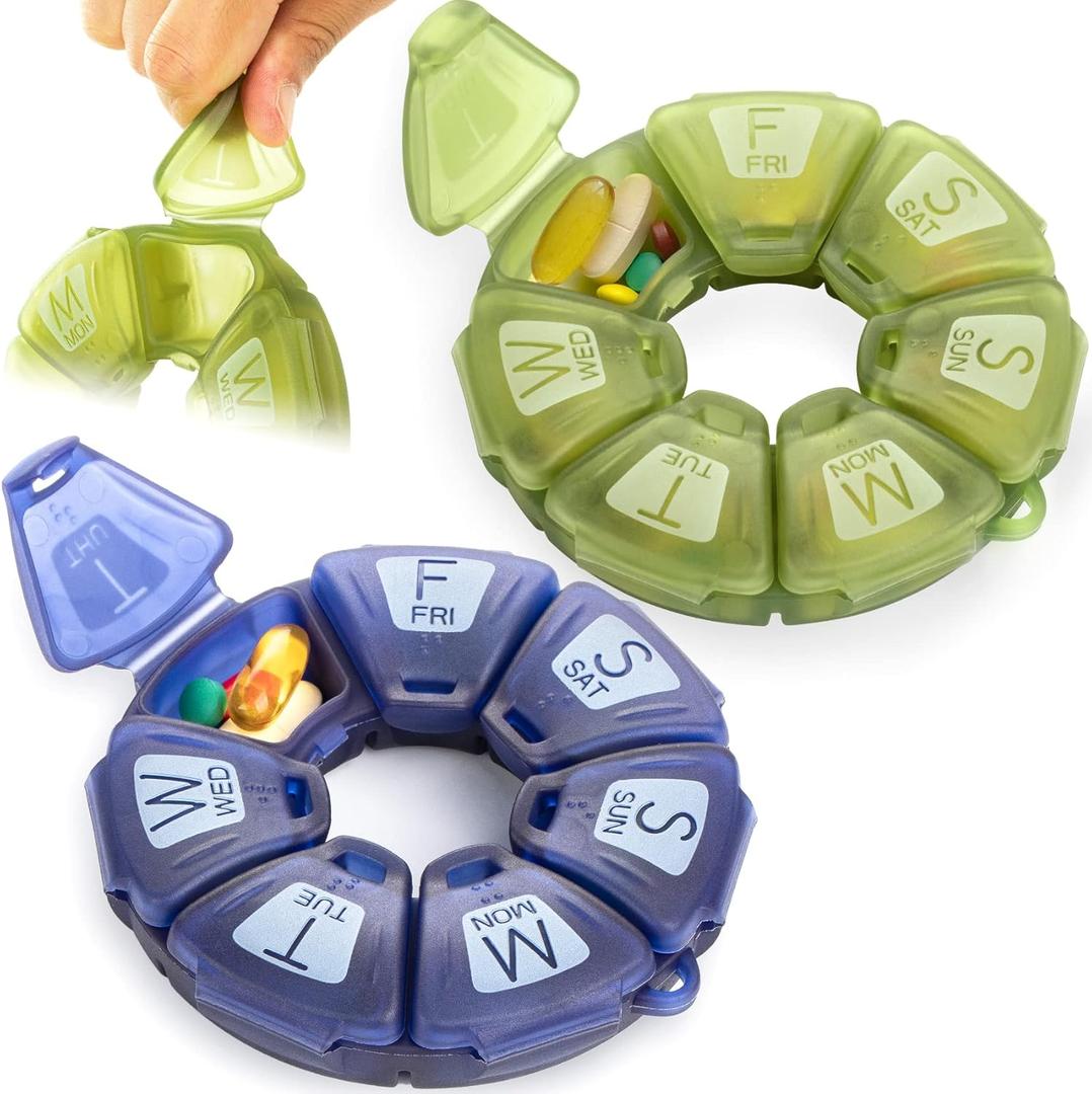 Yaklim Round Weekly Pill Organizer, TPU Rubberized, Travel Pill Container 7 Day, with 7 Large Compartments, Great for Daily Vitamins, Cute Pill Case with Large Letters and Braille (Olive and Blue)