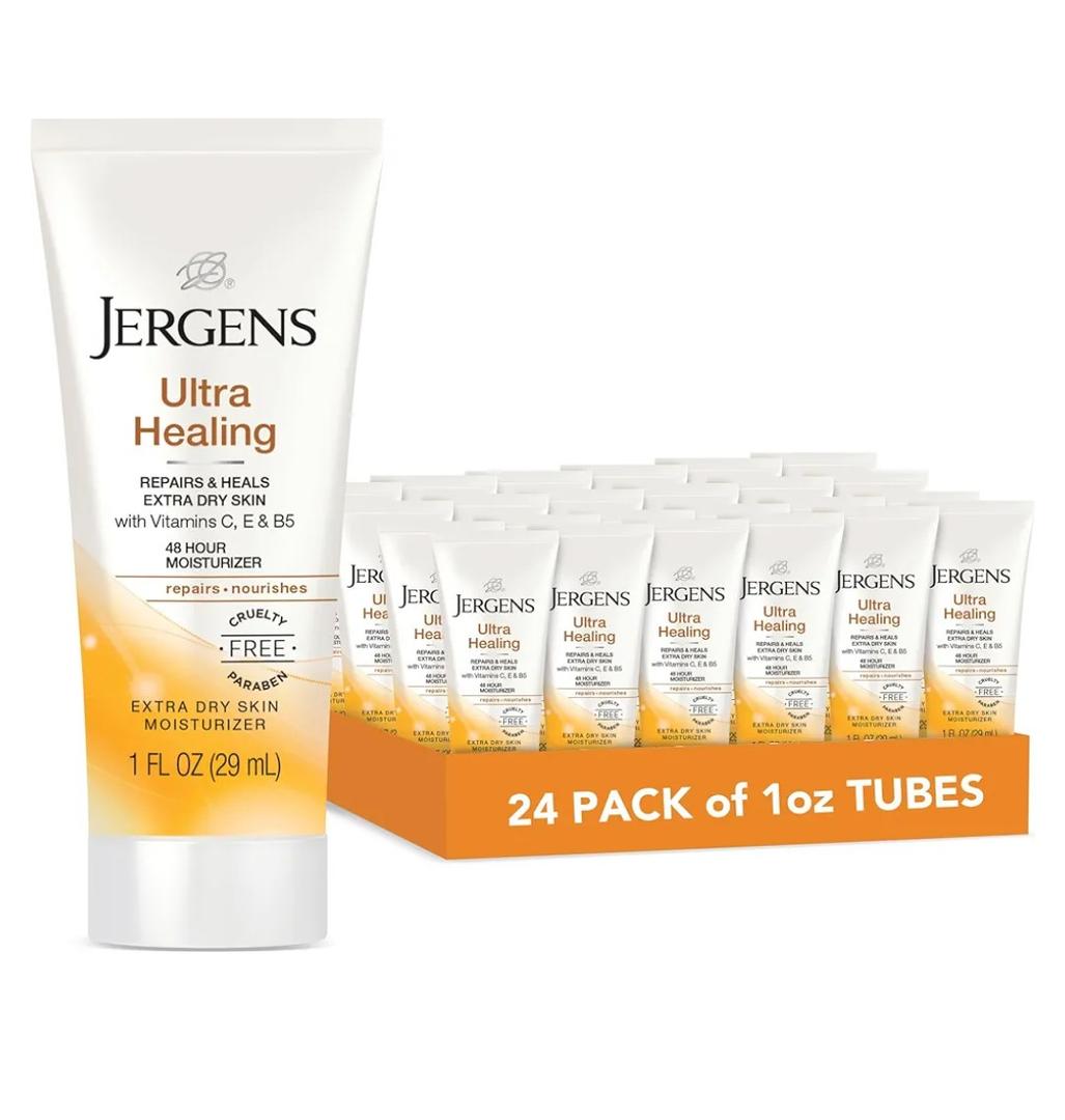 Jergens Ultra Healing Lotion, Hand and Body, Dry Skin Travel Size Moisturizer, for Absorption into Extra Dry Skin, Use After Washing Hands, 1 Ounce, with HYDRALUCENCE blend, Vitamins C, E, B5 Pack with 22