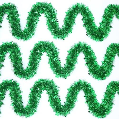 49.2 Feet St. Patrick's Day Tinsel Garland Shamrock Clover Green Tinsel Garland St Patricks Day Decorations Metallic Twist Garland for Irish Party Outdoor Indoor Window Home Tree Decoration