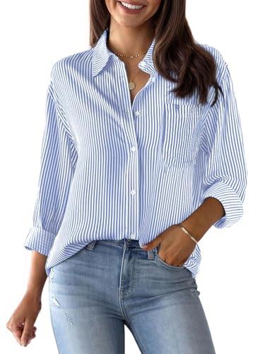 Aoudery Womens Button Down Shirts Cotton Striped Dress Shirts Long Sleeve Button Up Collared Office Work Blouses Tops-Blue and White L