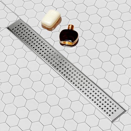 SaniteModar Linear Shower Drain, Shower Drain 36 inch with Removable Square Hole Panel, AISI Brushed 304 Stainless Steel Shower Floor Linear Drain with Adjustable Feet and Hair Strainer