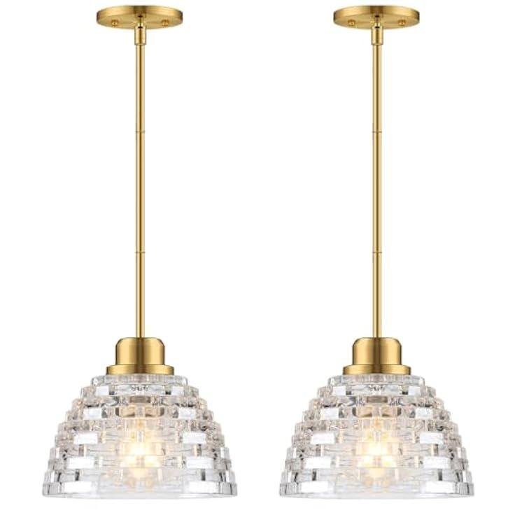 Fivemengo 2 Pack Glass Pendant Lights Kitchen Island 8.7 Inches Modern Gold Glass Pendant Light Fixtures Brass Hanging Lighting for Kitchen Over Sink Dining Room Bedroom E26