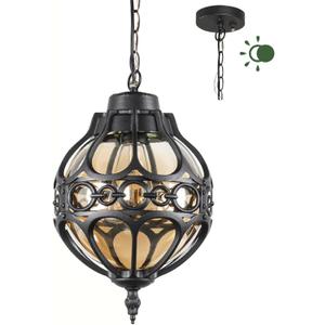 Dusk to Dawn Outdoor Pendant Lighting for Porch, Black Aluminum Anti-Rust Hanging Lights Fixture, Adjustable Globe Outside Lantern Ceiling Mount, Industrial Exterior Chandelier, Amber Glass (13"(H)-1 Pack)