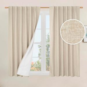 LAMIT Full Blackout Window Curtains for Bedroom, 54 Inches Thermal Farmhouse Curtains Back Tab and Rod Pocket Privacy Protected Burlap Panels with White Liner, 2 Panels, 52 x 54 Inch