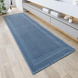 AMOAMI Waffle Bath-Mat, Absorbent Bath Mats for Bathroom Non Slip, Machine Washable Bathroom Rugs with Tassels Ultra Soft Boho Bath Rugs for Floor 2'x6'(24"x72") Blue