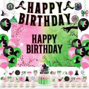 57pc Green Pink Birthday Party Decorations Include Birthday Decorations Backdrop, Colorful Balloons, Cartoon Cake Topper, Banner Hanging Swirls, Party Decorations for Boys and Girls