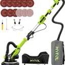 Drywall Sander, 7.2A Electric Drywall Sander with Vacuum Dust Collection, 6 Variable Speed 900-1800RPM, LED Light, Foldable & Extendable Handle, 9 Pcs Sandpaper&3 Pcs Grid Sandpaper, Full Green
