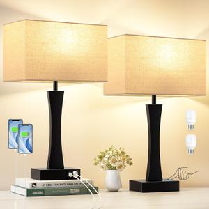 Bedside Lamps for Night Stands - 3 Way Dimmable Table Lamp for Bedroom with USB C+A Ports,Modern Bedside Lamps Set of 2, Touch Lamps for Nightstands(Beige)