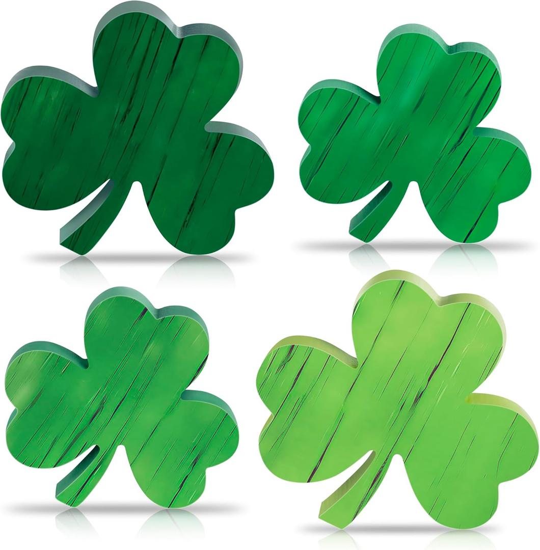 St Patricks Day Wooden Shamrock Decoration, 4-Piece Set of St. Patrick's Day Tabletop or Tray Multi-Layer tiered tray decor Tray Decoration, shamrock decorations, Office Decor (Green01)