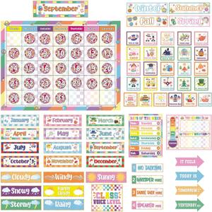 2 x Classroom Calendar Bulletin Board Set Classroom Decorations with Seasons Weather Days of the Week Chart with Hook and Loop Dots for Elementary Preschool Home Office Wall Teacher Supplies(Disco Retro)