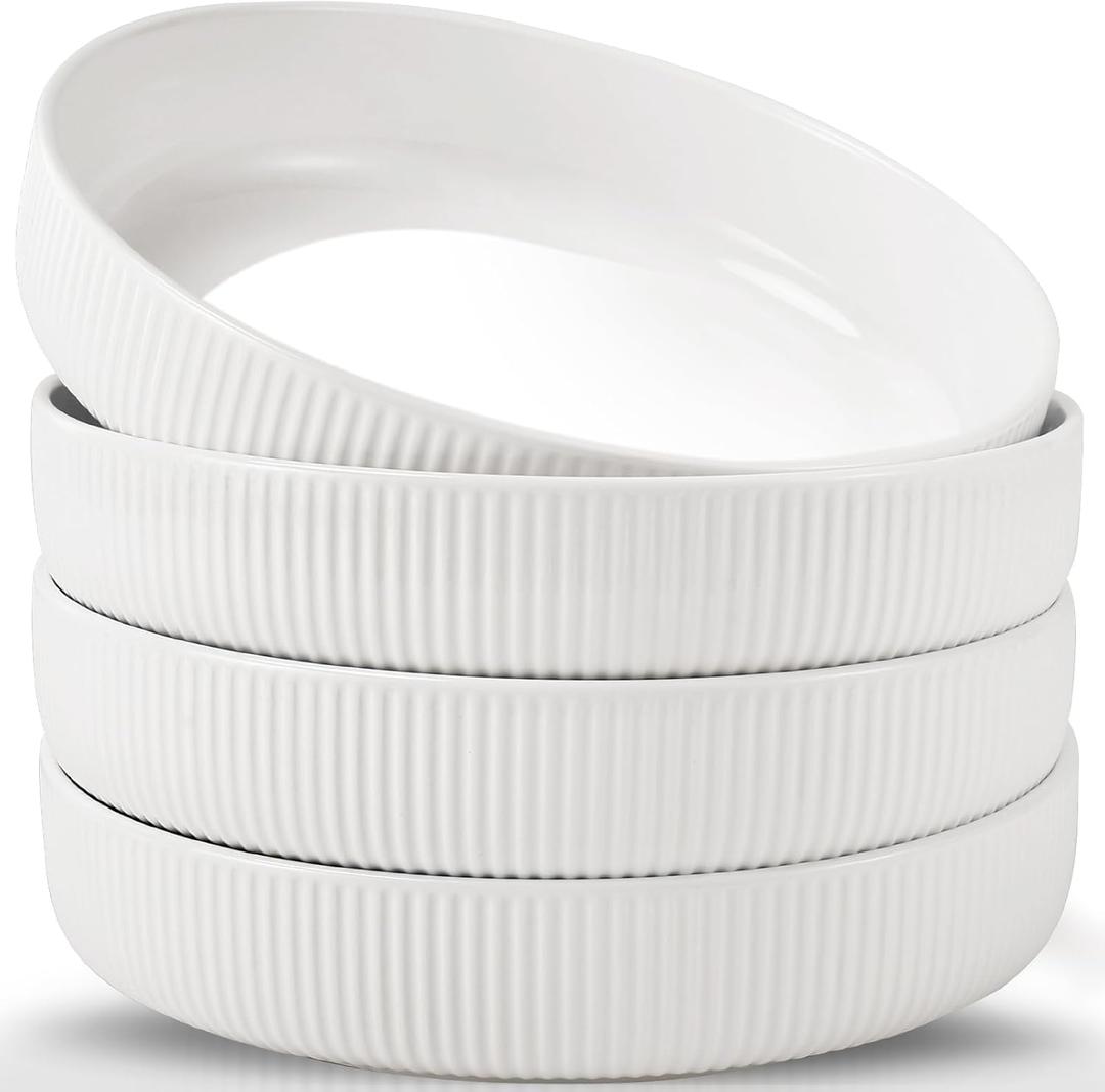 4 Pack Pasta Bowls, 35oz Large Salad Bowls Plates, Serving Bowl for Soups and Salads, Wide and Shallow Ceramic Pasta Plates, Microwave & Dishwasher Safe, Textured Stripes, 8 inch(White)