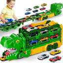 Dinosaur Race Track Toys for Kids 3-5 | 59" Dual Track Transport Truck with 12 Die-Cast Cars | Swallow & Race Action | Carrier Truck Toy Birthday Gift for 4 5 6+ Years Old Boys & Girls (Green)