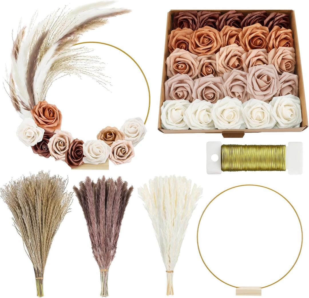 Dingion 6 Sets 93 Pcs Metal Hoop Pampas Table Centerpieces 12 Inch Floral Hoop with Stand Faux Flowers Dried Boho Decor with Paddle Wire for Wedding Baby Shower Birthday Party(Caramel)