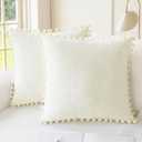 CaliTime Throw Pillow Covers Decorative 20 X 20 Inches Pack of 2 Cozy Solid Dyed Soft Chenille Cushion Cases with Pom Poms for Couch Sofa Bed Living Room Home Cream