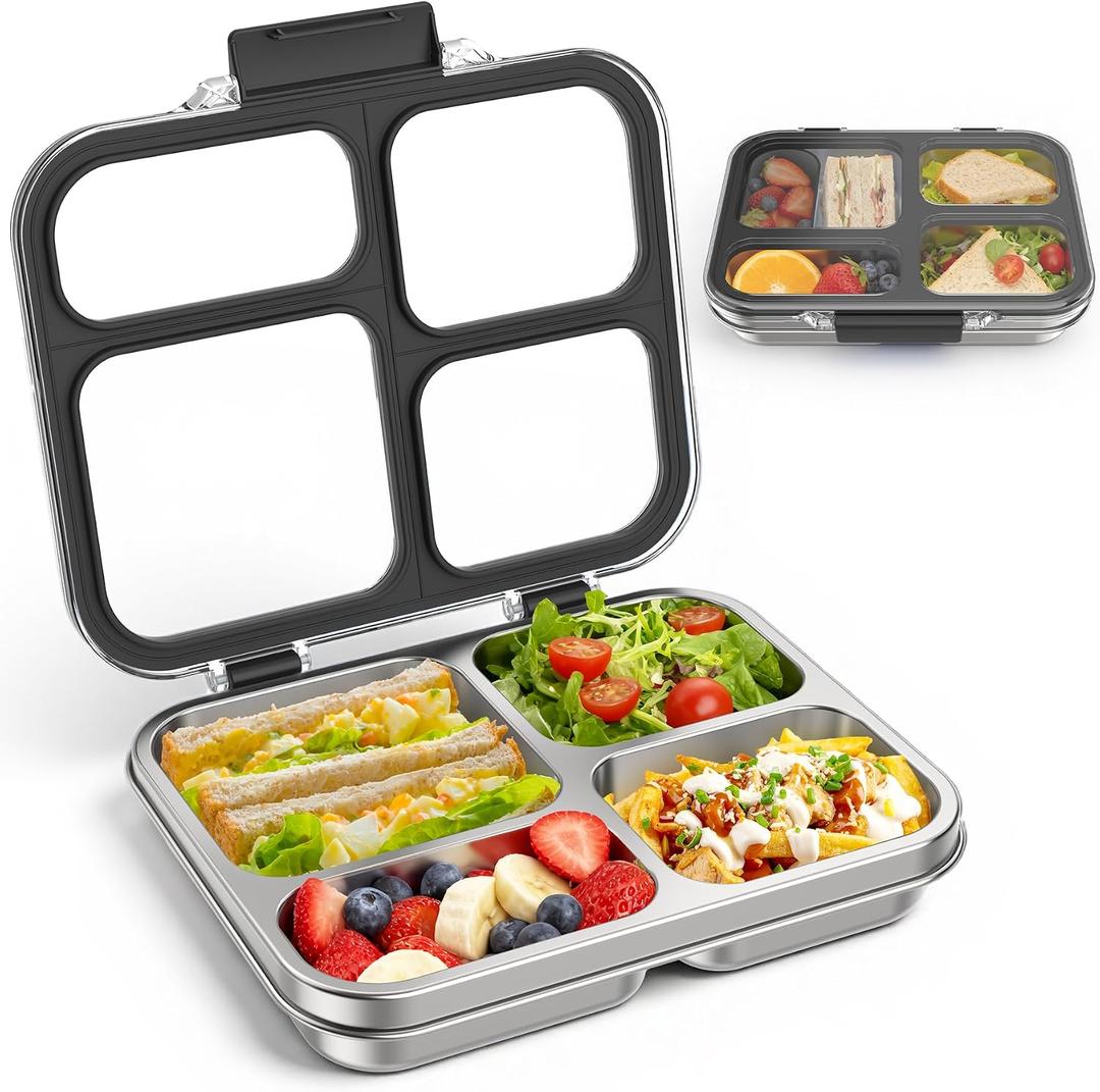 Stainless Steel Bento Box for Kids Adults with Silicone Container, Leak Proof 4 Compartments Metal Lunch Box, Removable Silicone Seal & Clear Lid Food Container for School Office, BPA-Free(Black)