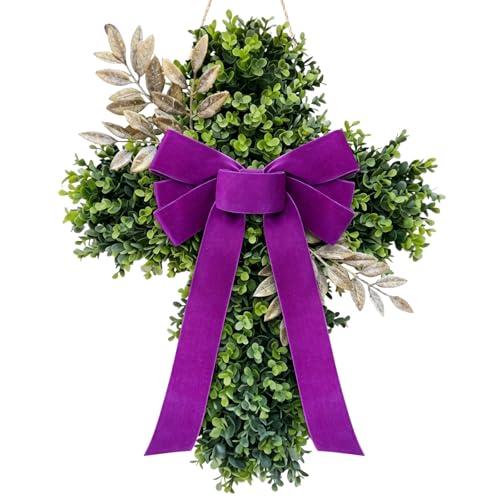 Dingion Easter Cross Wreath for Front Door Spring Easter Cross Artificial Wreath with Purple Bow for Christian Spring Hope for Outdoor Indoor Farmhouse Porch Window Home