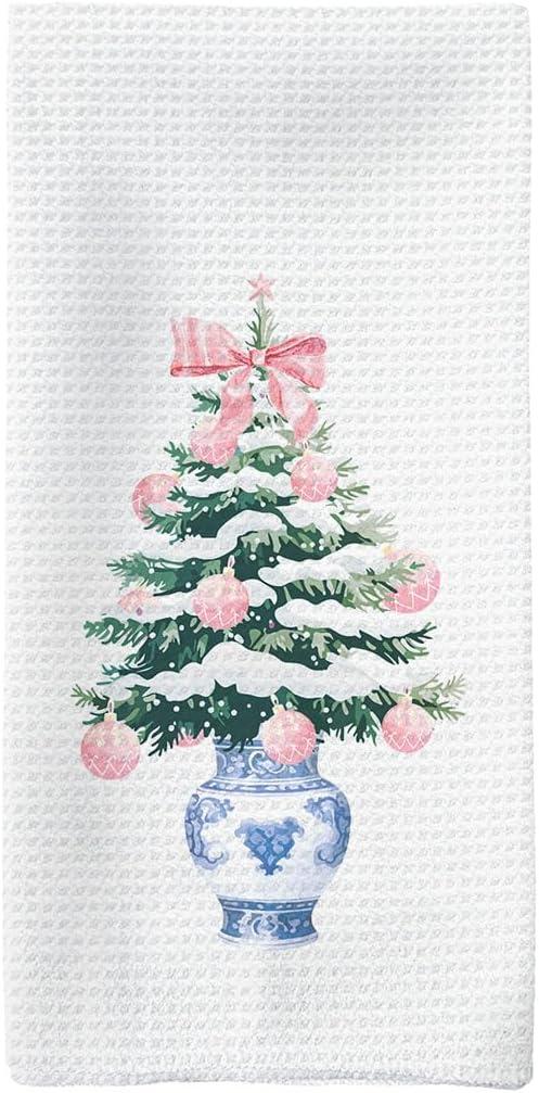 Blue and White Chinoiserie Christmas Kitchen Towels, Pink Bow Christmas Tree Hand Towels, Grandmillennial Christmas Decor Dish Towels Dishcloths Tea Towels for Kitchen, 16x24in
