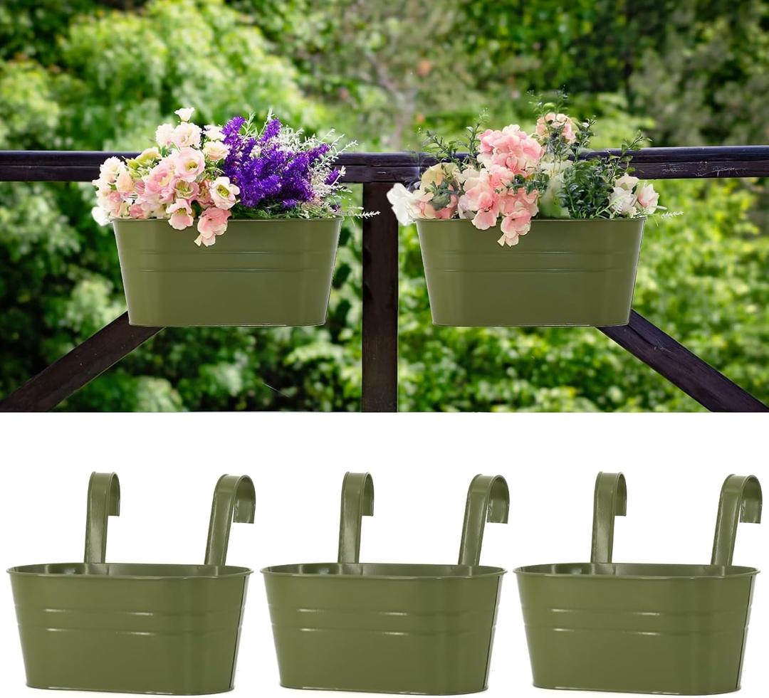 Meltset M 3 Pack Metal Railing Planters, 10.5" Oval Hanging Flower Pots with Detachable Hooks & Drainage Holes, Fits Rails up to 2.36", Galvanized Iron Fence Bucket for Balcony Garden Patio - Green