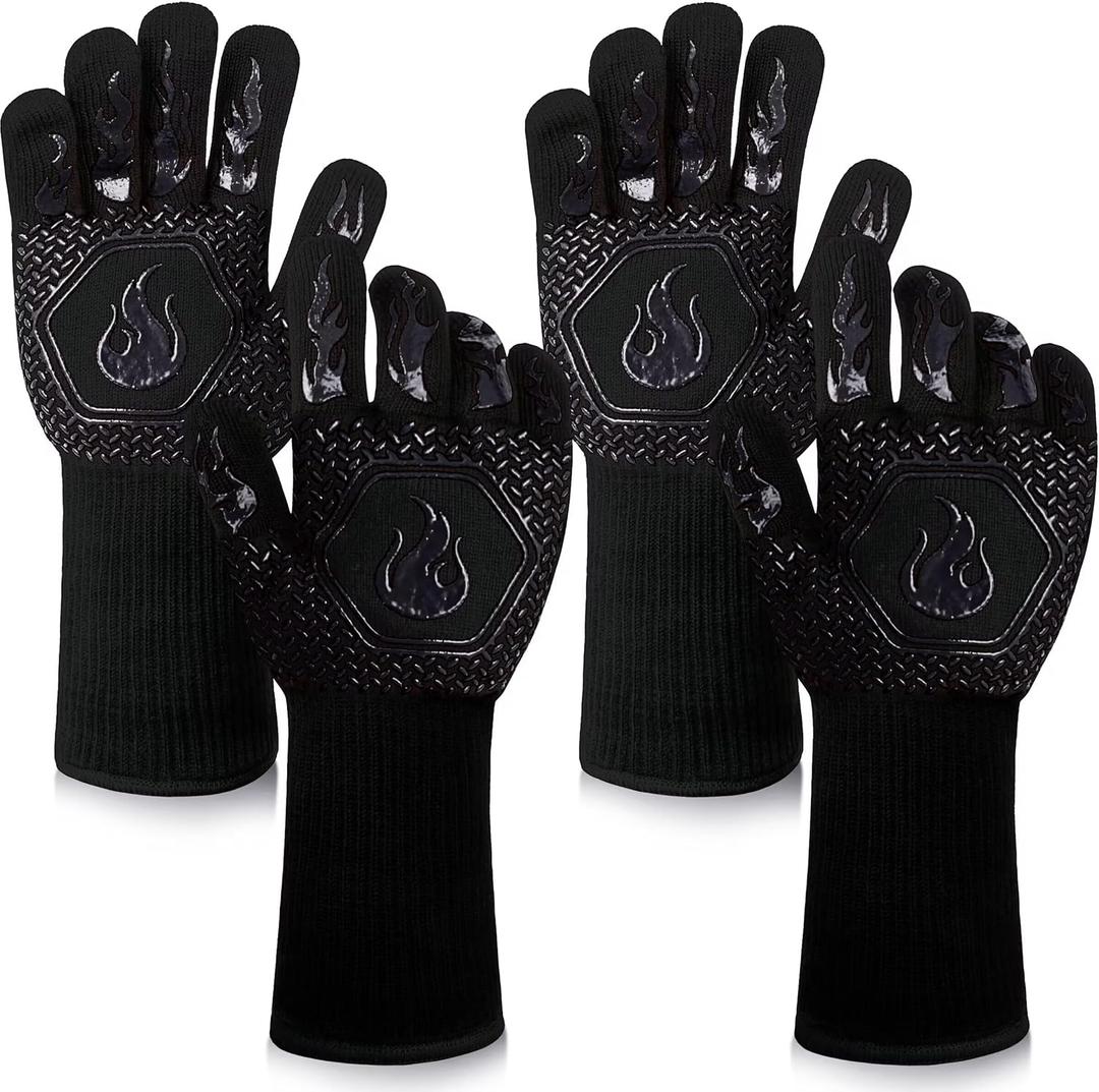 BBQ Fireproof Gloves, Grill Cut-Resistant Gloves 1472F Heat Resistant Gloves, Non-Slip Silicone Oven Gloves, Kitchen Safe Cooking Gloves for Oven Mitts,Barbecue,Cooking, Frying, Black2 Pairs