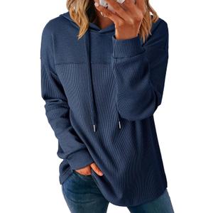 Dokotoo Womens Hoodies Casual Waffle Knit Long Sleeve Drawstring Pullover Sweatshirts Lightweight Hooded Tops (Large, Dark Blue)