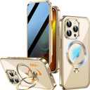 Upholyee [360 Rotatable CD Stand & Built-in Privacy Screen Magnetic Case for iPhone 13 Pro [Compatible with MagSafe & Full Signal] Mil-Grade Shockproof Full Body Anti-Spy Cover for 13 Pro-Gold