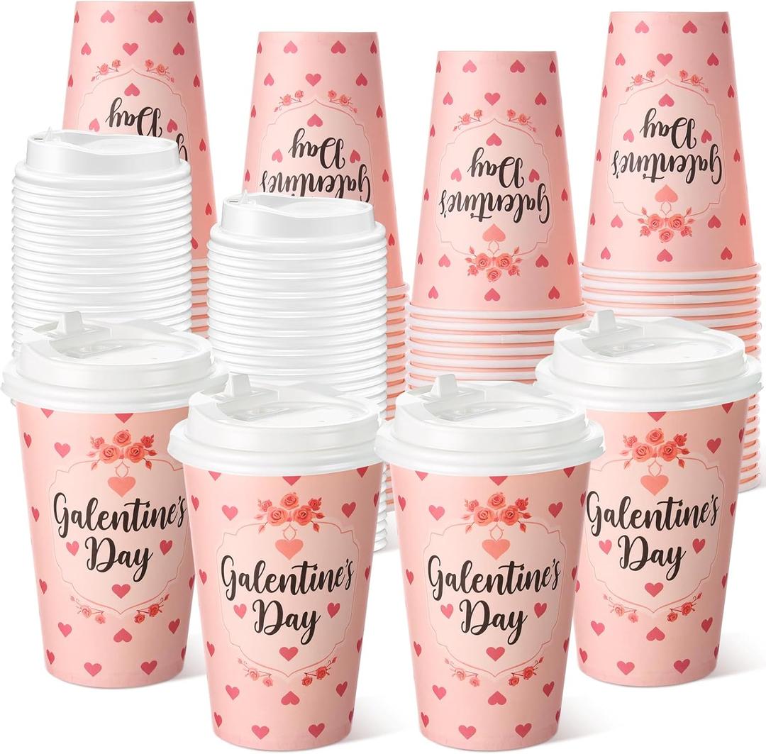 Tioncy 60 Pcs 12oz Galentine's Day Coffee Paper Cups with Lids Hot Cocoa Cups Galentine's Day Paper Beverage Tumbler Hot Chocolate Cocoa Container for Women Valentines Friends Female Sister (Pink)