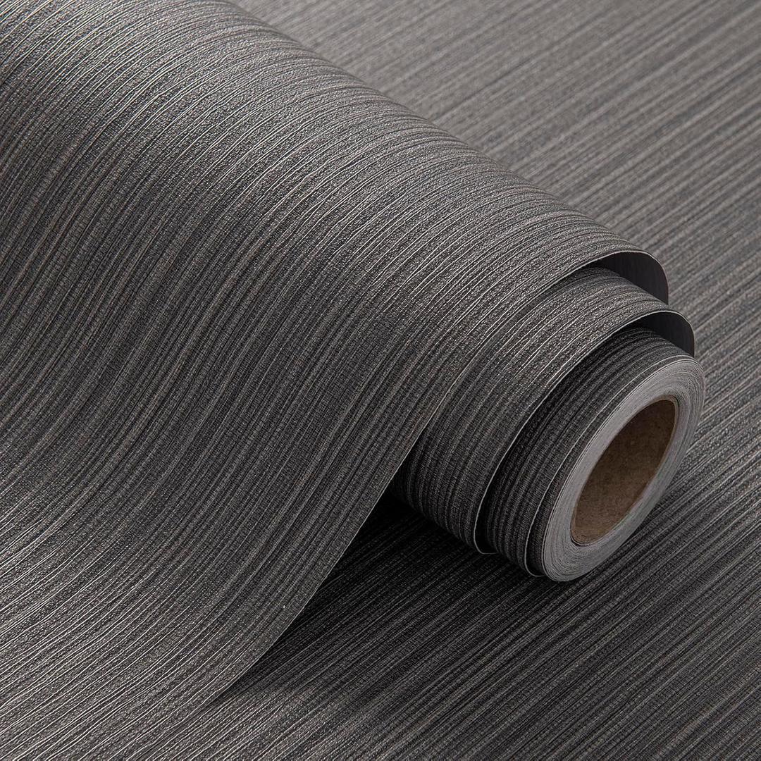 FUKU MON Black Grasscloth Fabric Wallpaper 24" X 394" Textured Thick Linen Classic Neutral Grassweave Contact Paper for Walls Cabinets Bedroom Counter Top Liners Fireplace