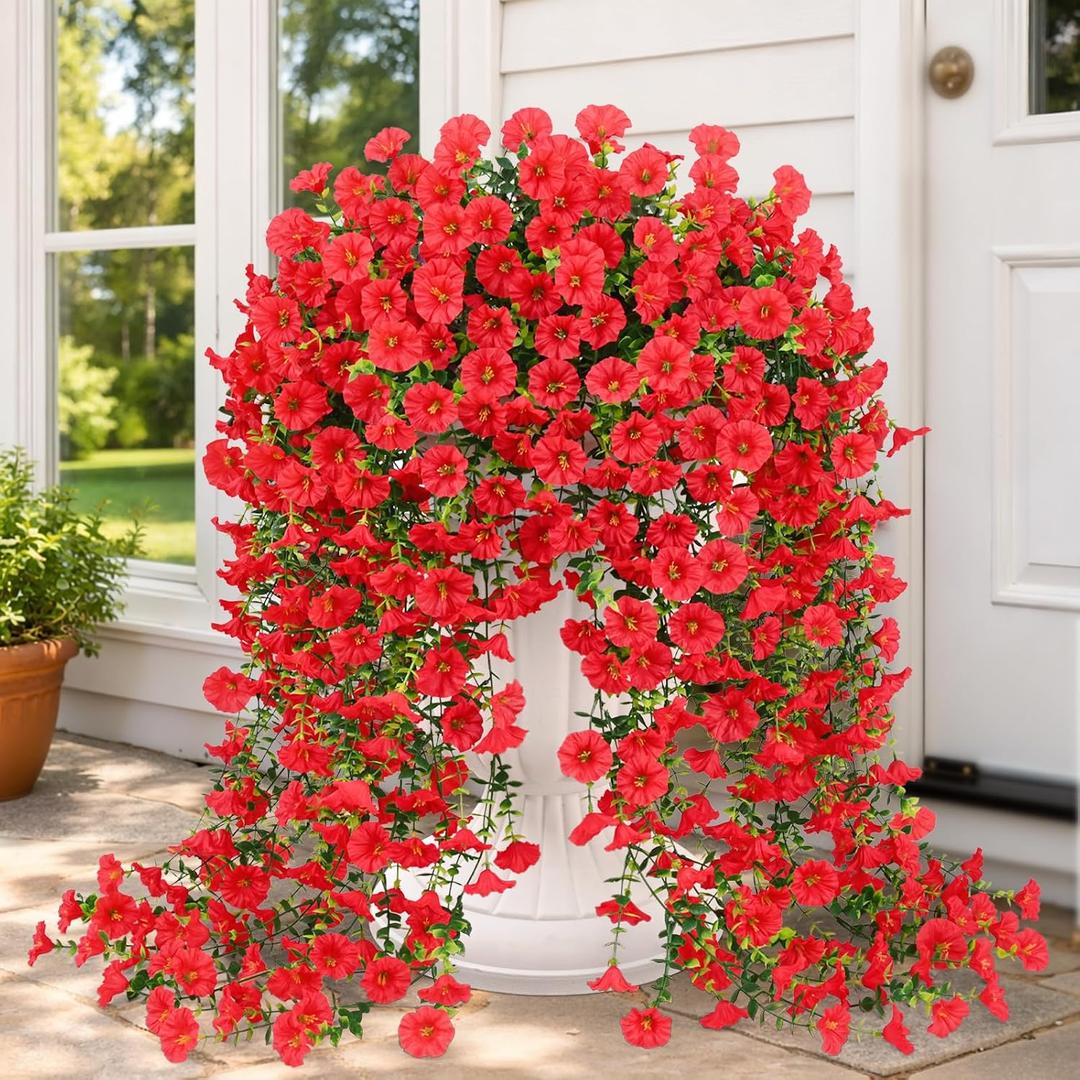 Yastouay Artificial Hanging Flowers for Outdoors, Fake Hanging Flowers for Decoration, UV Resistant Artificial Outdoor Plants, 2 Pcs Morning Glory for Outdoors Garden Patio Porch Yard Decoration, Red