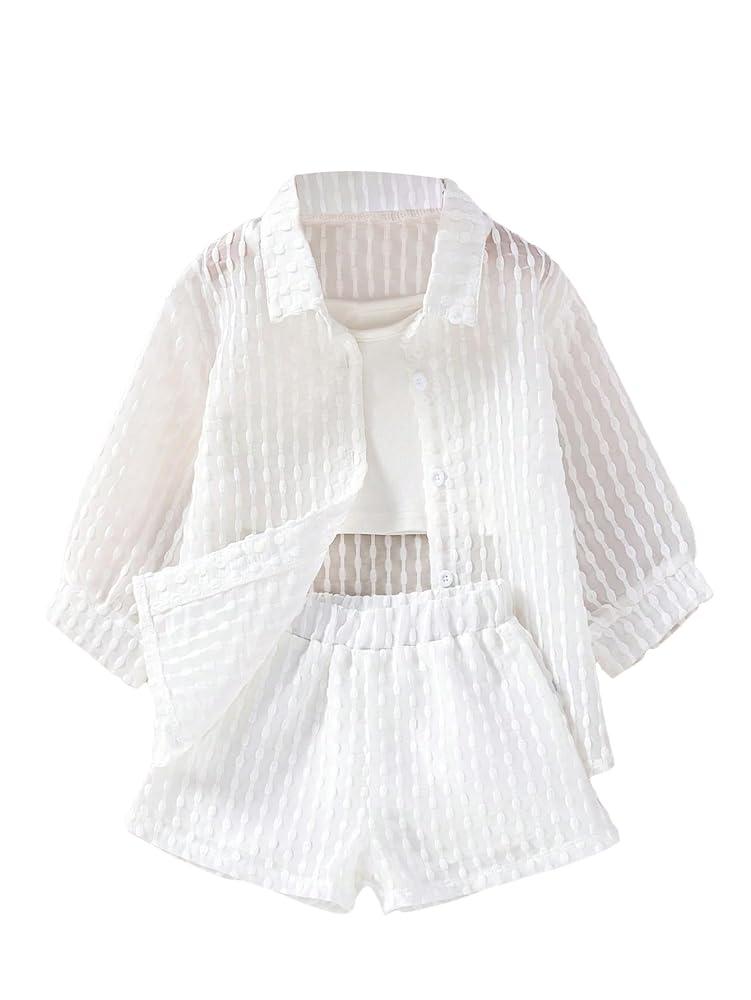 Verdusa Toddler Girl's 3 Piece Outfits Button Front Shirt and Cami Top with Shorts 7Y