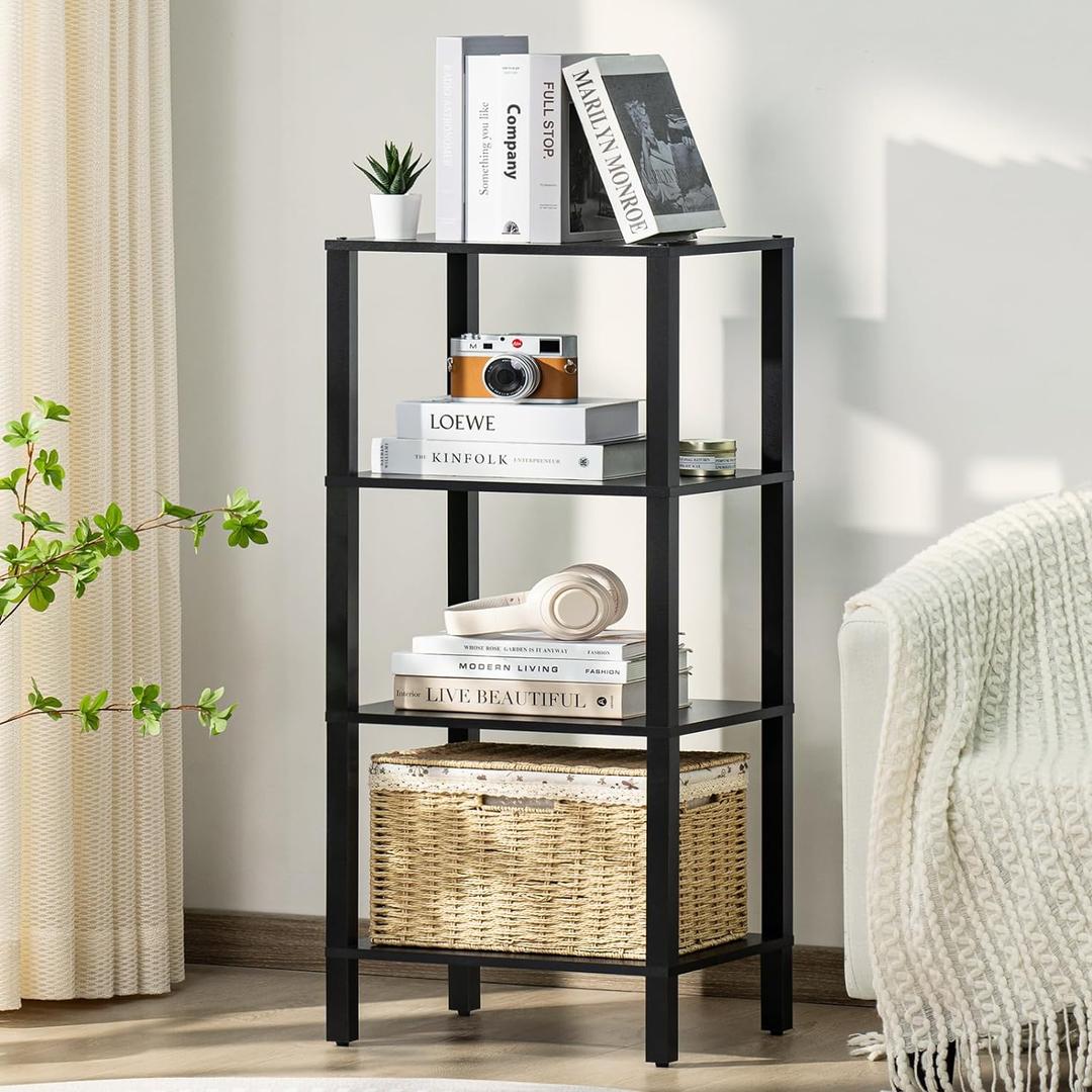 4 Tier Tall Wooden Bookshelf with Storage - Small Bookcase for Small Spaces, Shelf for Living Room, Office, Bedroom, Kitchen - Industrial Modern Black Book Shelf